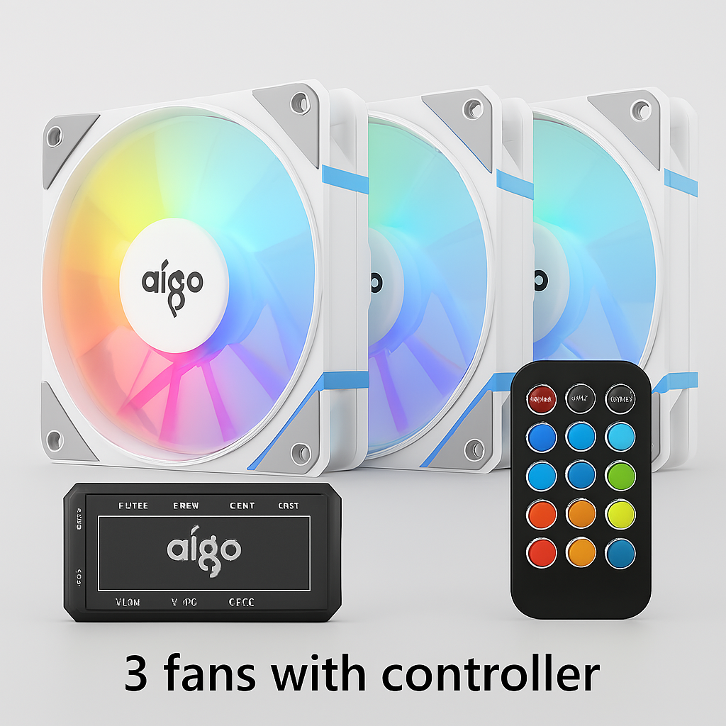 Aigo AM12 RGB Case Fan Kit – 120mm ARGB Cooling Fans with Remote & Controller (6-Pin)
