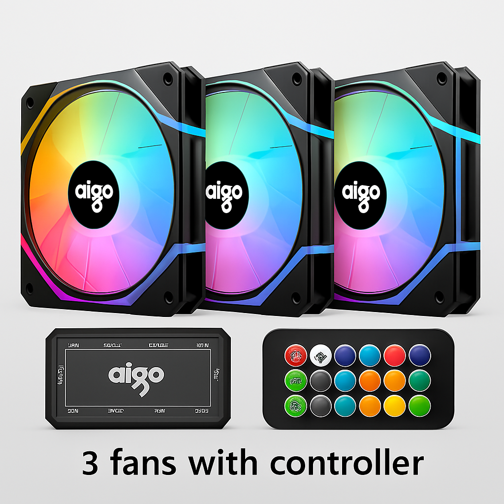 Aigo AM12 RGB Case Fan Kit – 120mm ARGB Cooling Fans with Remote & Controller (6-Pin)