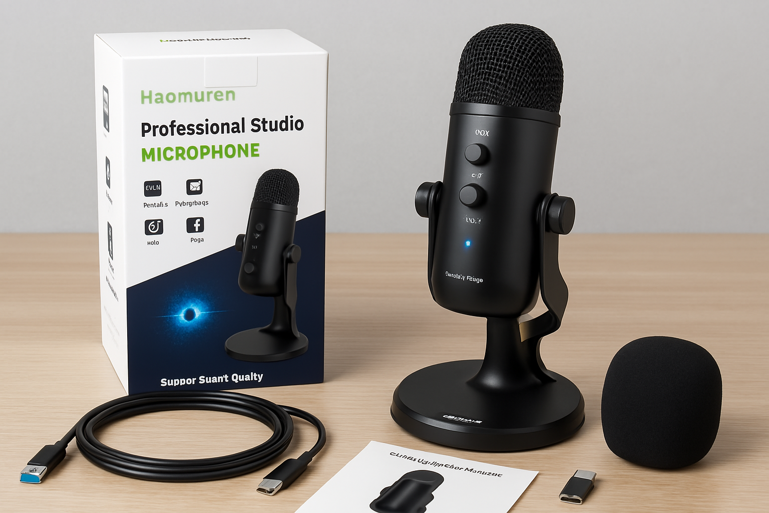 Haomuren USB Condenser Microphone with Headphone Output & Phone Adapter – Perfect for PC, Mac, Gaming, Recording, Streaming, and Podcasting