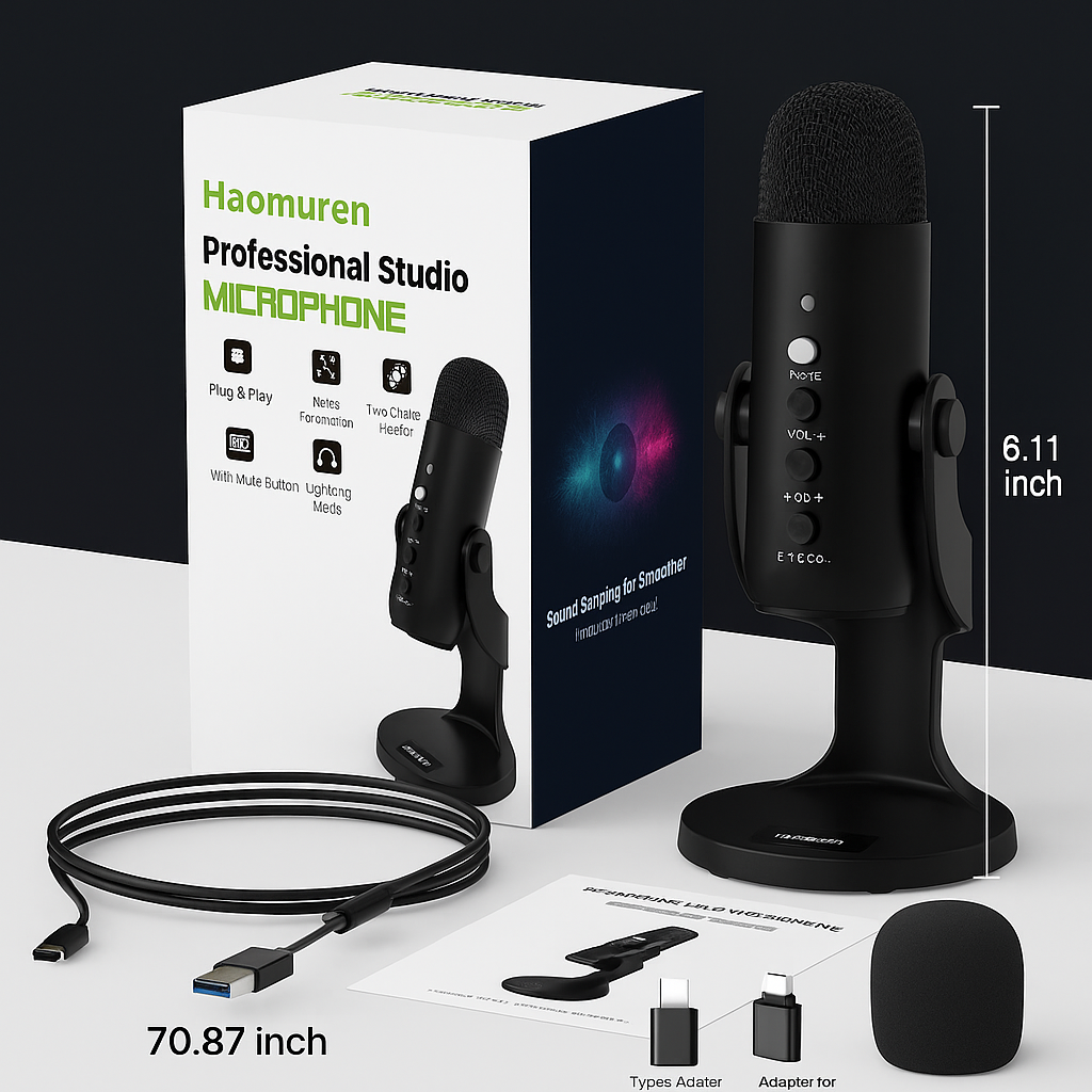 Haomuren USB Condenser Microphone with Headphone Output & Phone Adapter – Perfect for PC, Mac, Gaming, Recording, Streaming, and Podcasting